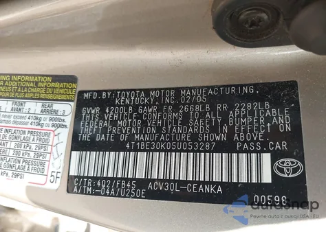 2005 Toyota Camry Le from USA, damaged, VIN 4T1BE30K05U053287